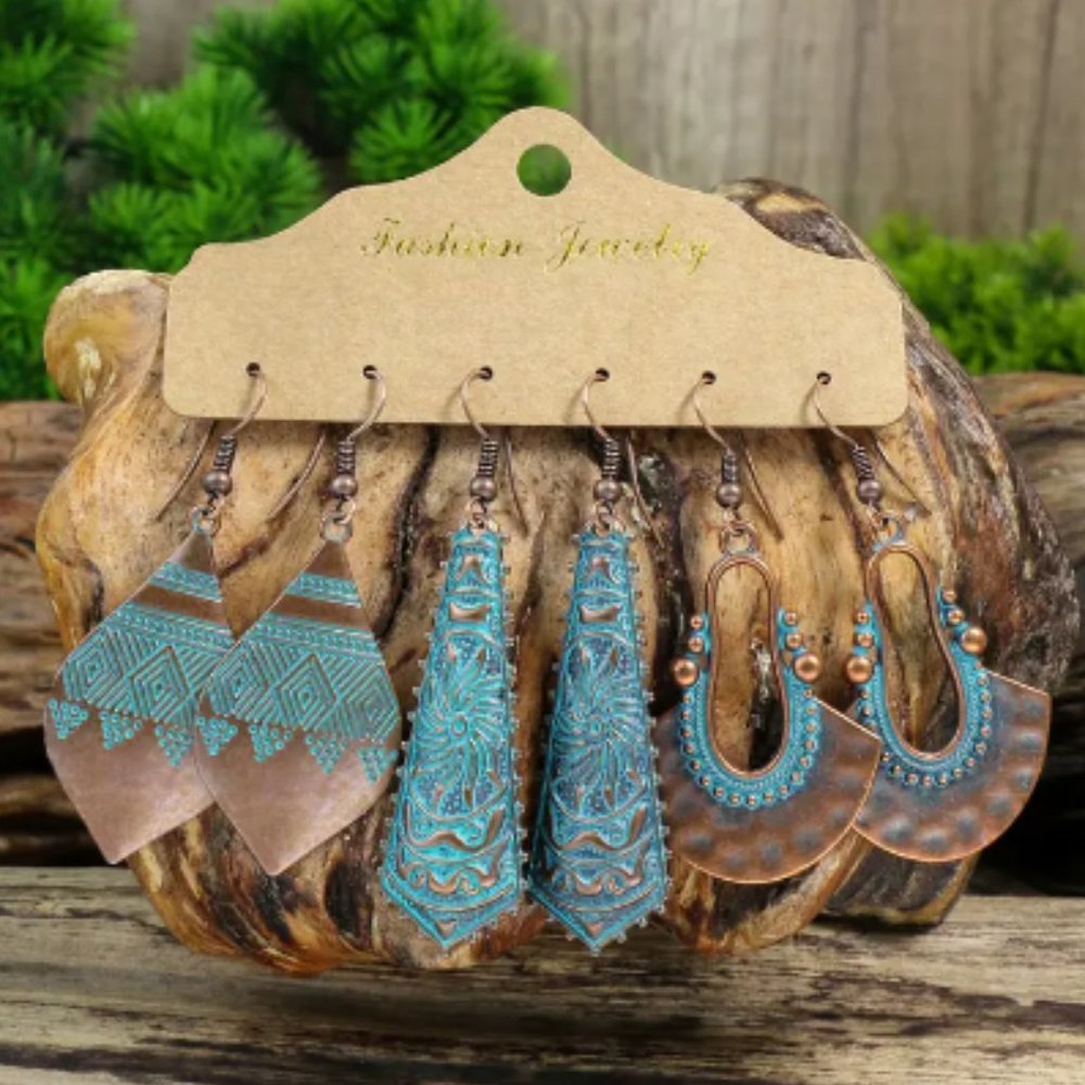 NEW!  3 Pair Set Antiqued copper tone earrings - Boho Beauties! Big Dangle Chic!